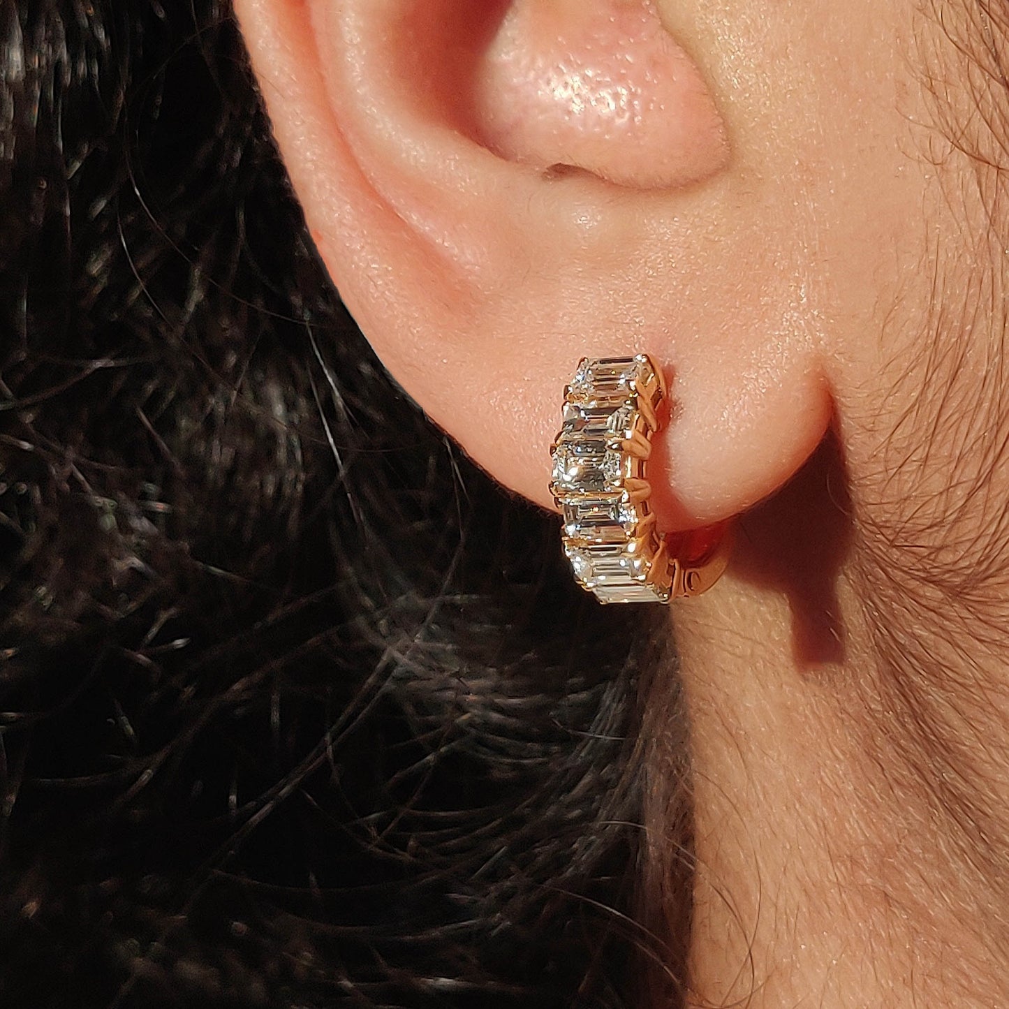 Emerald Baguette Cut Diamond Huggie Hoops