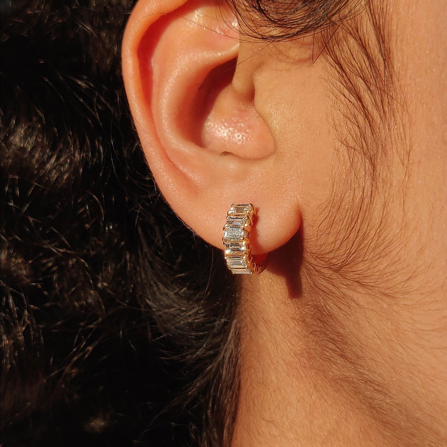 Emerald Baguette Cut Diamond Huggie Hoops
