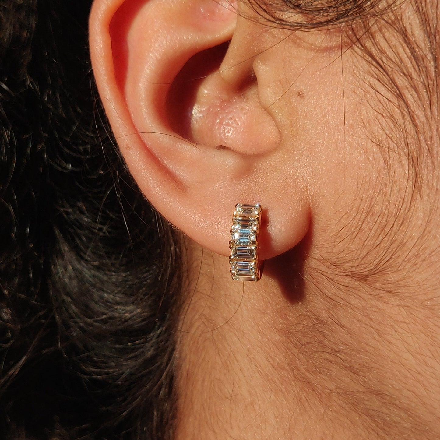 Emerald Baguette Cut Diamond Huggie Hoops