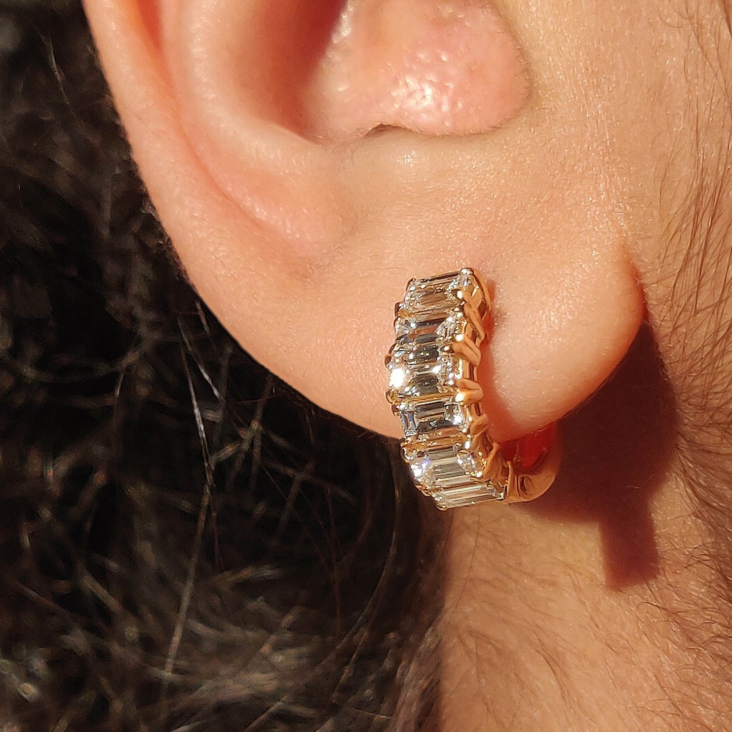 Emerald Baguette Cut Diamond Huggie Hoops