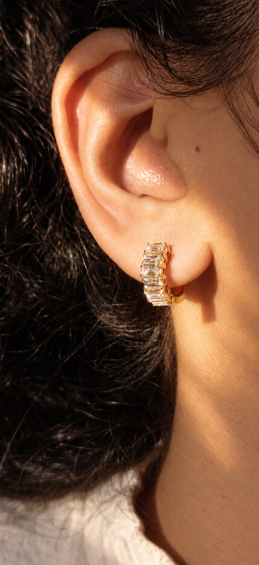 Emerald Baguette Cut Diamond Huggie Hoops