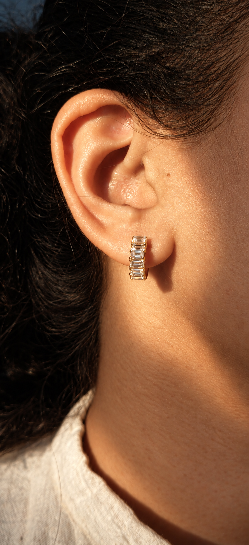 Emerald Baguette Cut Diamond Huggie Hoops