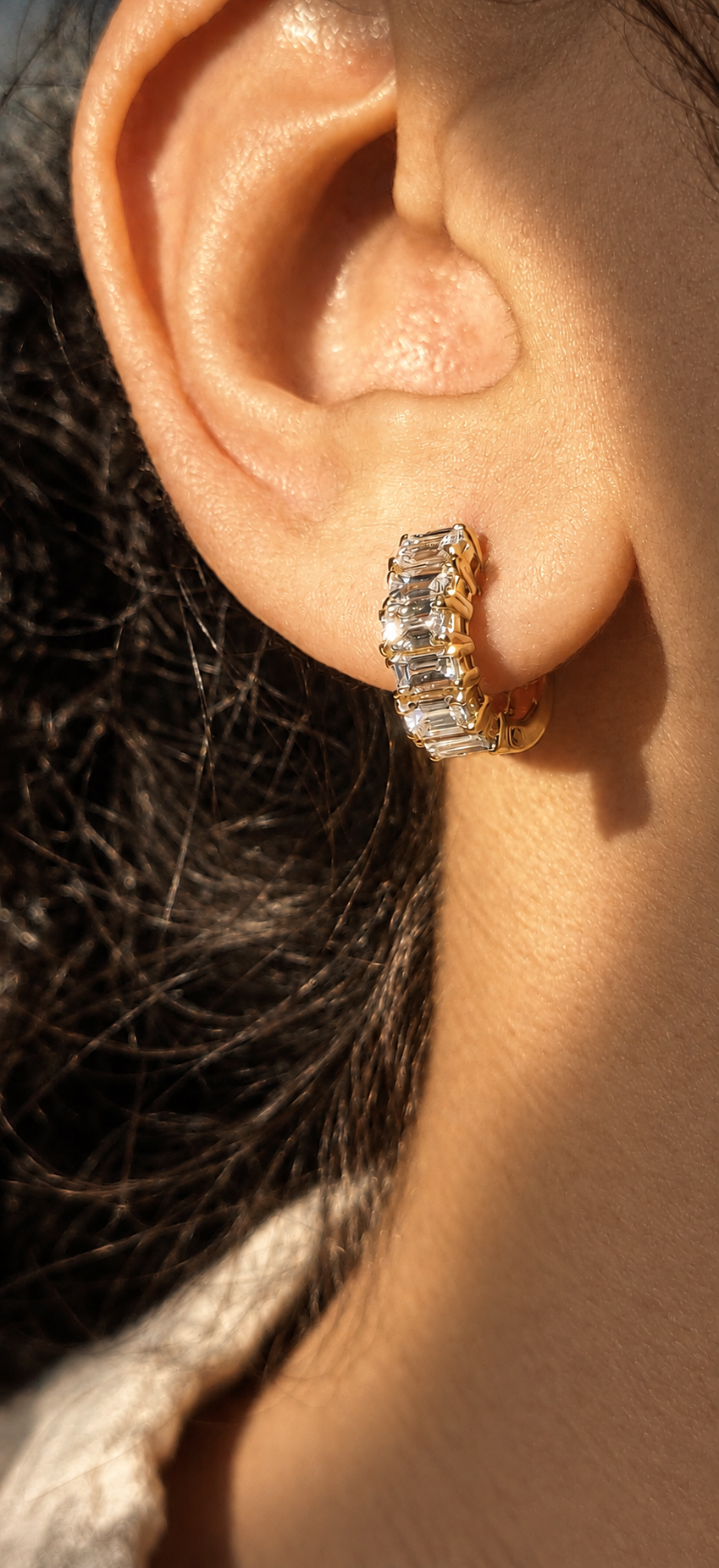 Emerald Baguette Cut Diamond Huggie Hoops