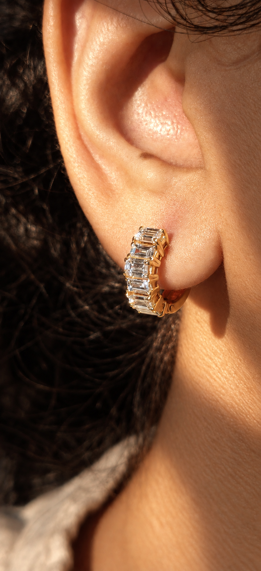 Emerald Baguette Cut Diamond Huggie Hoops