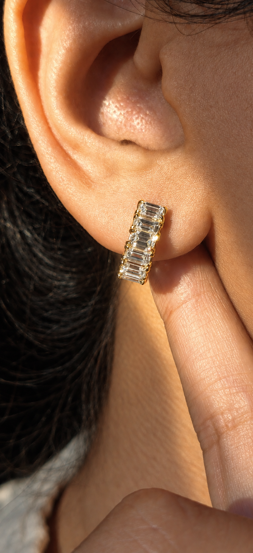 Emerald Baguette Cut Diamond Huggie Hoops