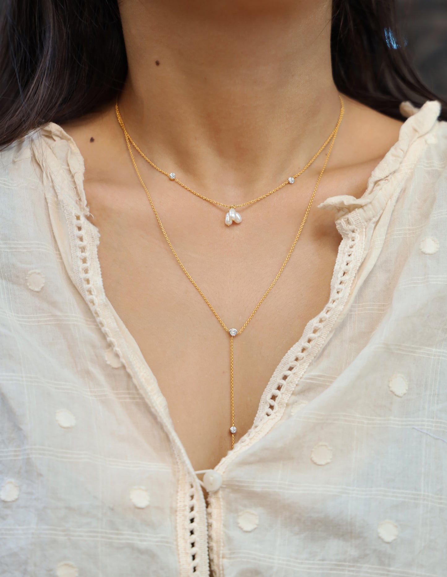 Petite Pearl and Diamond Lariat Necklace