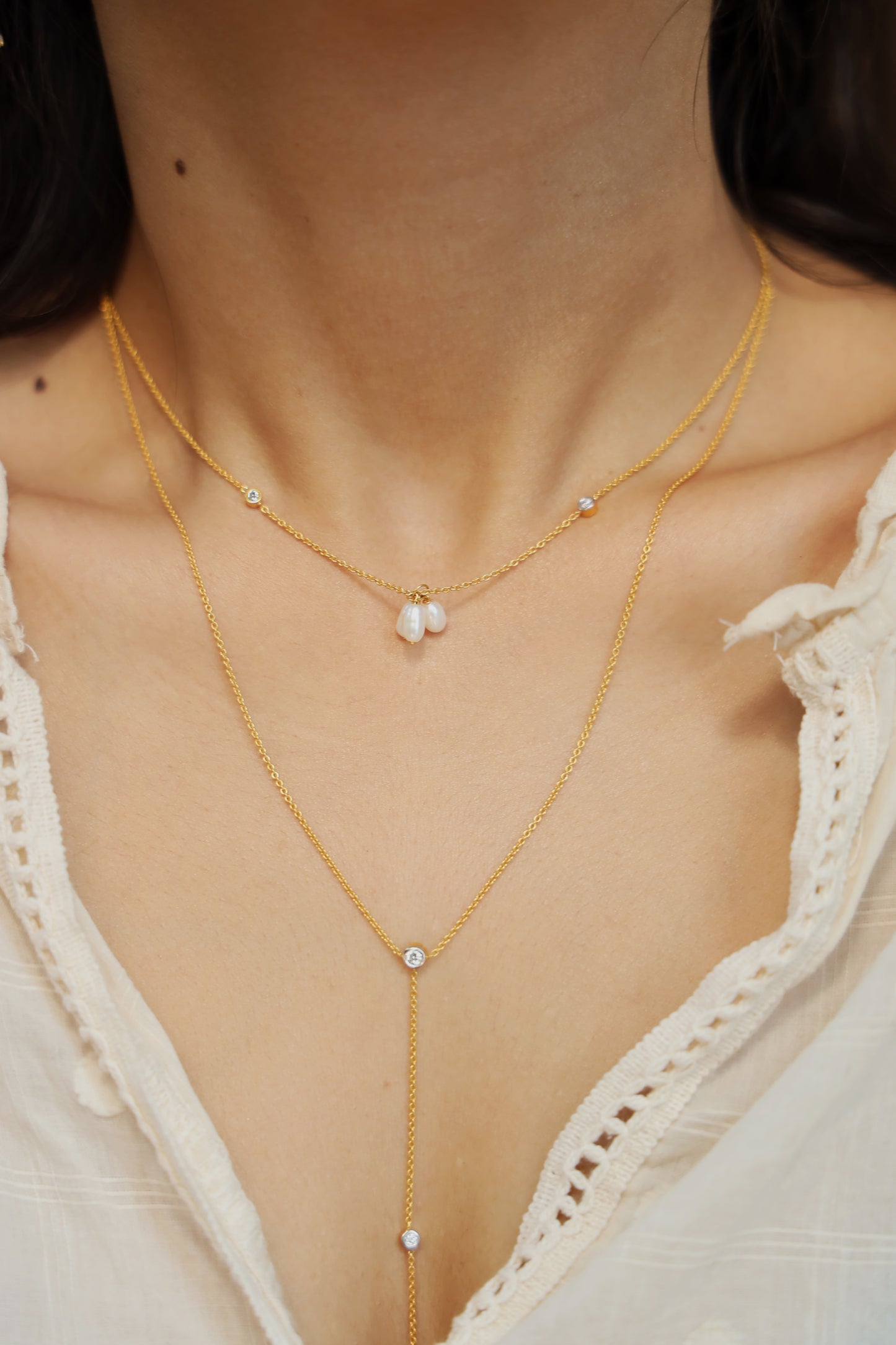 Petite Pearl and Diamond Lariat Necklace