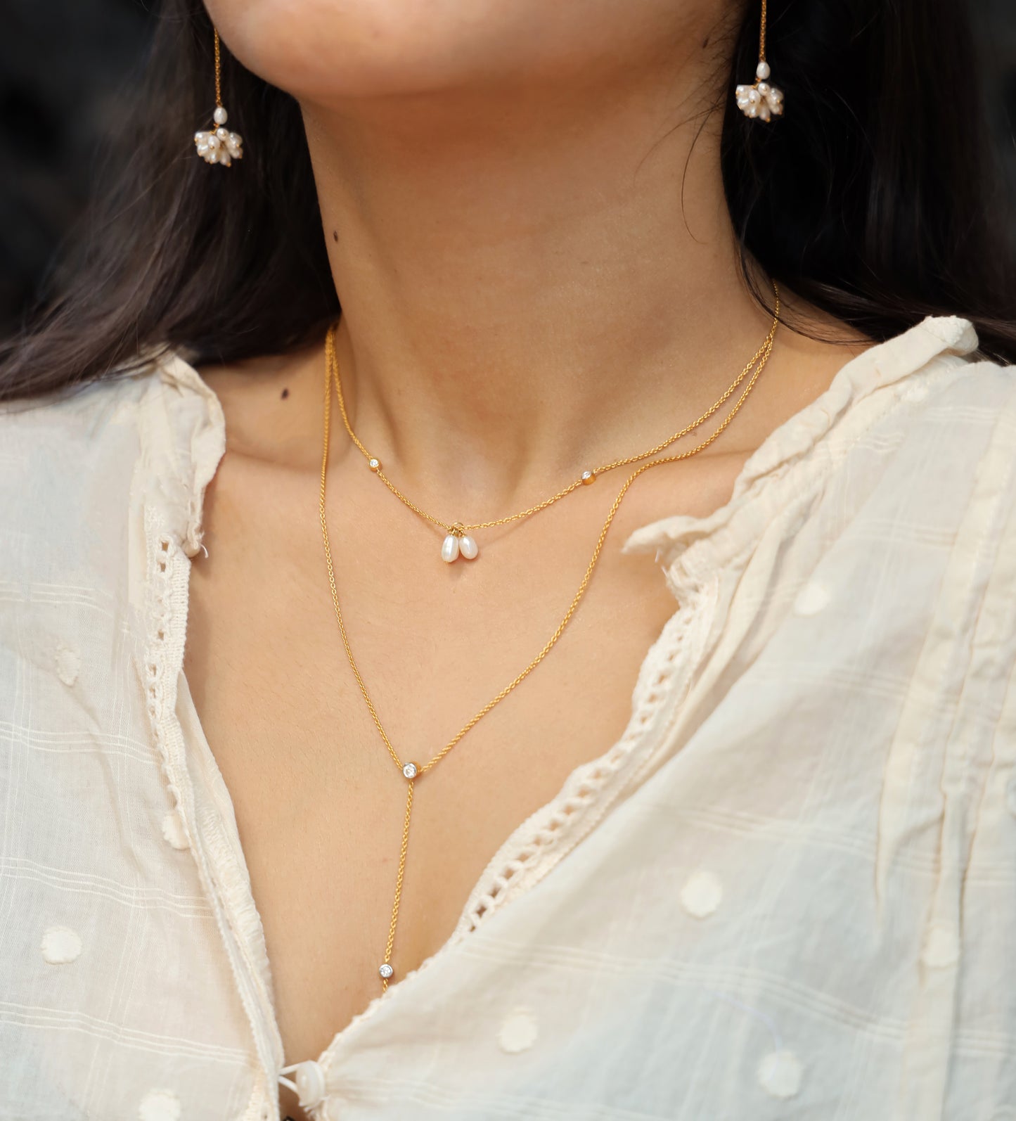 Petite Pearl and Diamond Lariat Necklace