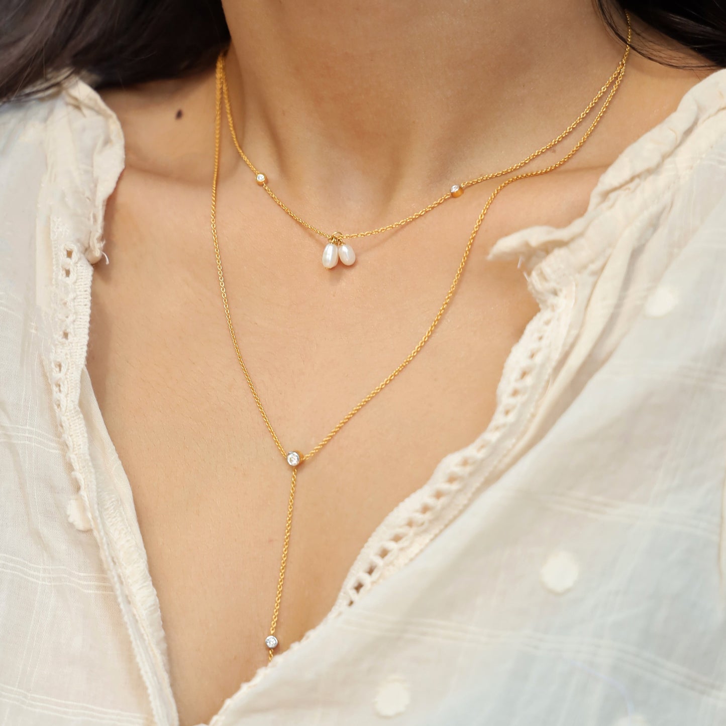 Petite Pearl and Diamond Lariat Necklace