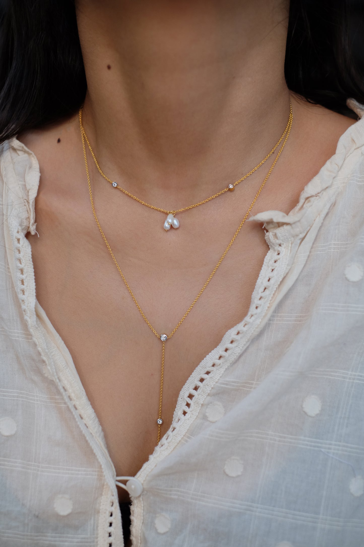 Petite Pearl and Diamond Lariat Necklace